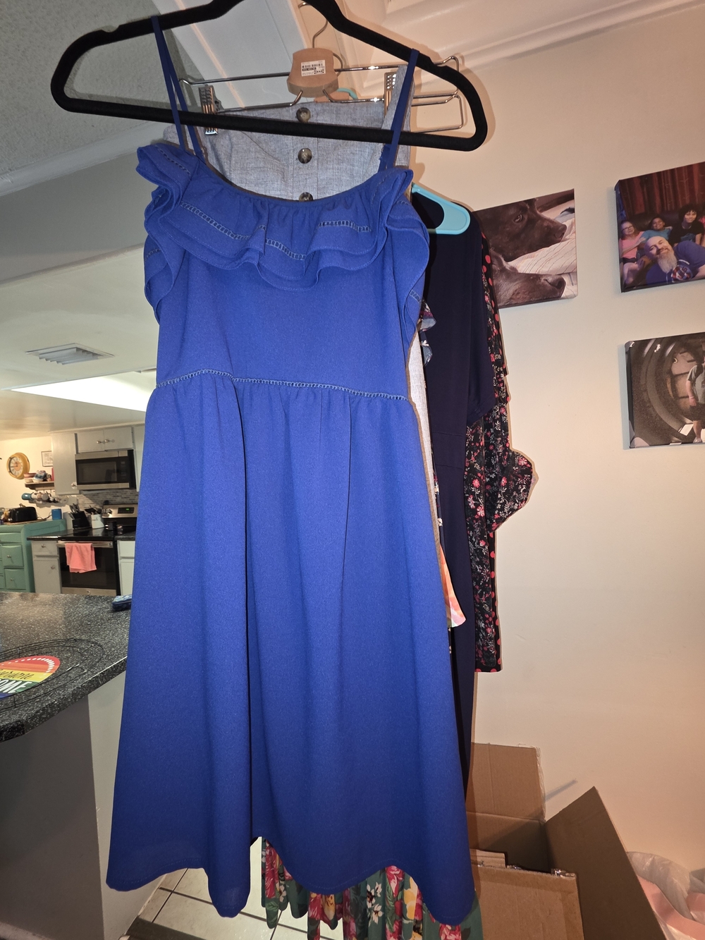 Ruffle-Trim Royal Blue Mini Dress with Spaghetti Straps